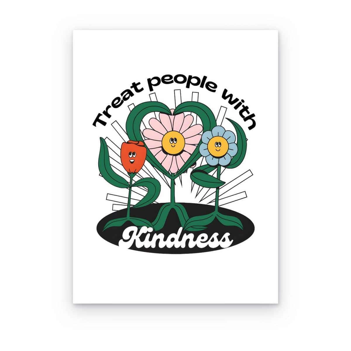 Cuadro Treat People with Kindness impreso en canvas, tres flores sonrientes dentro de un corazón verde