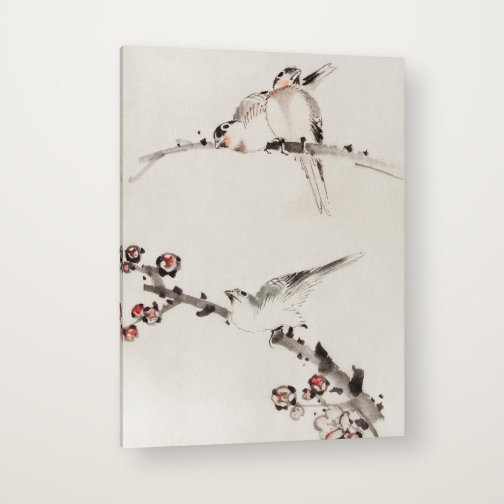 Tres Aves en Flor de Hokusai en canvas con canto en espejo