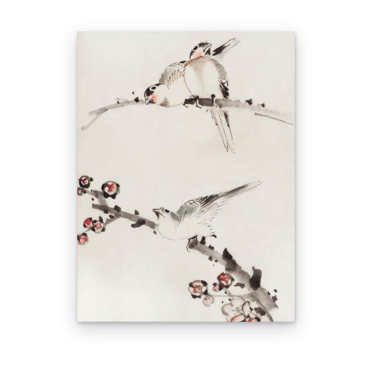 Cuadro Tres Aves en Flor de Hokusai impreso en canvas