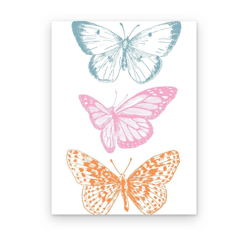 Cuadro Tres Mariposas impreso en canvas, mariposas azul verdoso, rosa y naranja