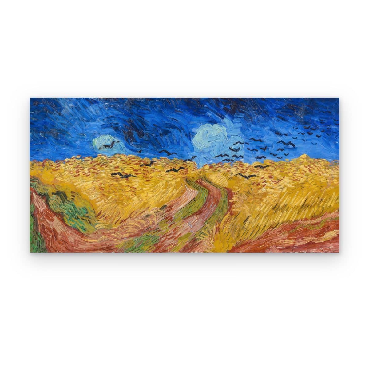 Cuadro Trigal con Cuervos impreso en canvas, trigo dorado y cuervos bajo cielo azul profundo