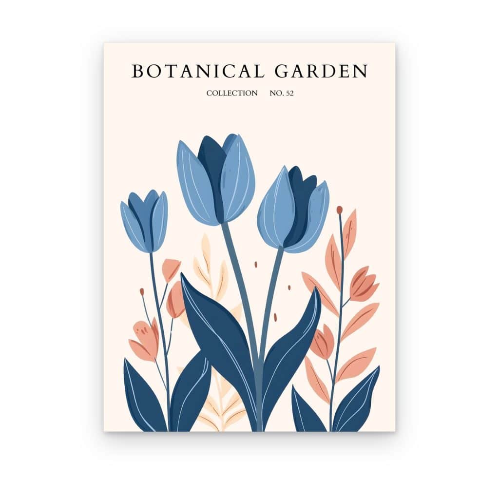 Cuadro Tulipanes Azules impreso en canvas, póster Botanical Garden con tulipanes azules