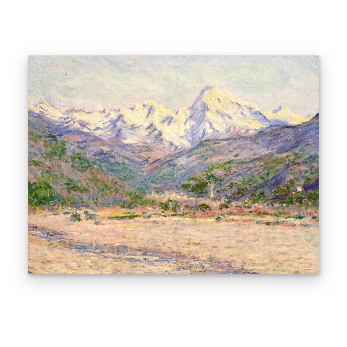 Cuadro Valle del Nervia impreso en canvas, montañas nevadas rosadas sobre un valle verde y lila