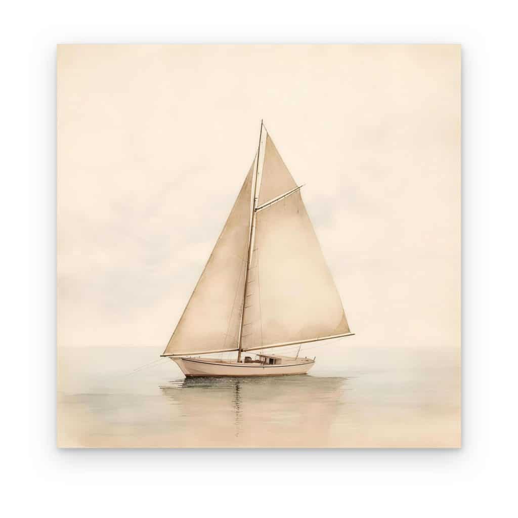 Cuadro Velero en Calma impreso en canvas, velero de velas crema sobre agua quieta