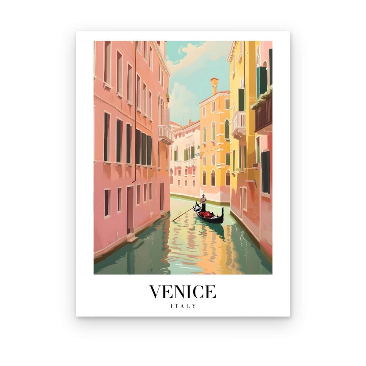 Cuadro Venecia en Rosa impreso en canvas, canal con góndola entre edificios rosas y pastel, póster de viaje