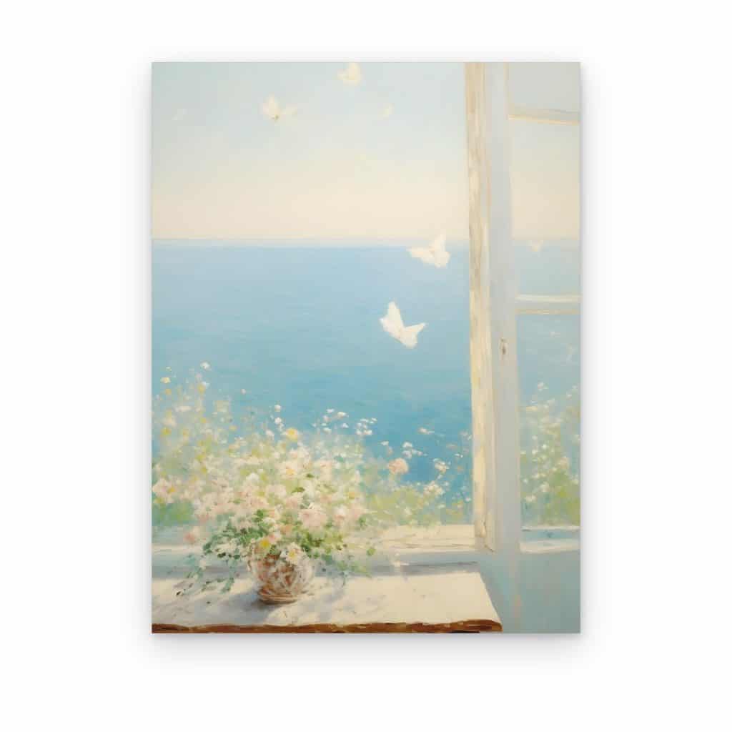 Cuadro Ventana al Mar impreso en canvas, ventana abierta al mar con mariposas blancas