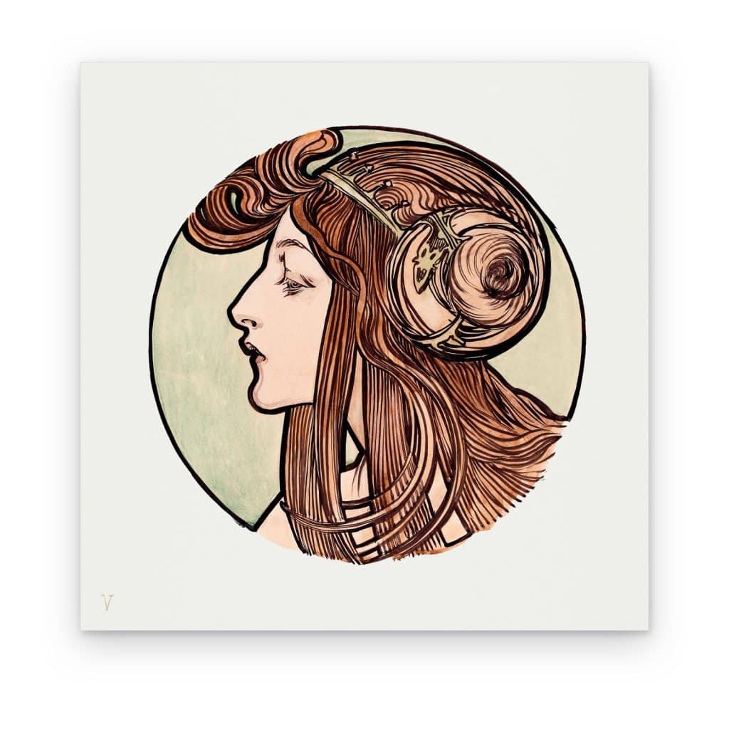 Cuadro Vitral Art Nouveau I de Mucha impreso en canvas, perfil femenino en círculo