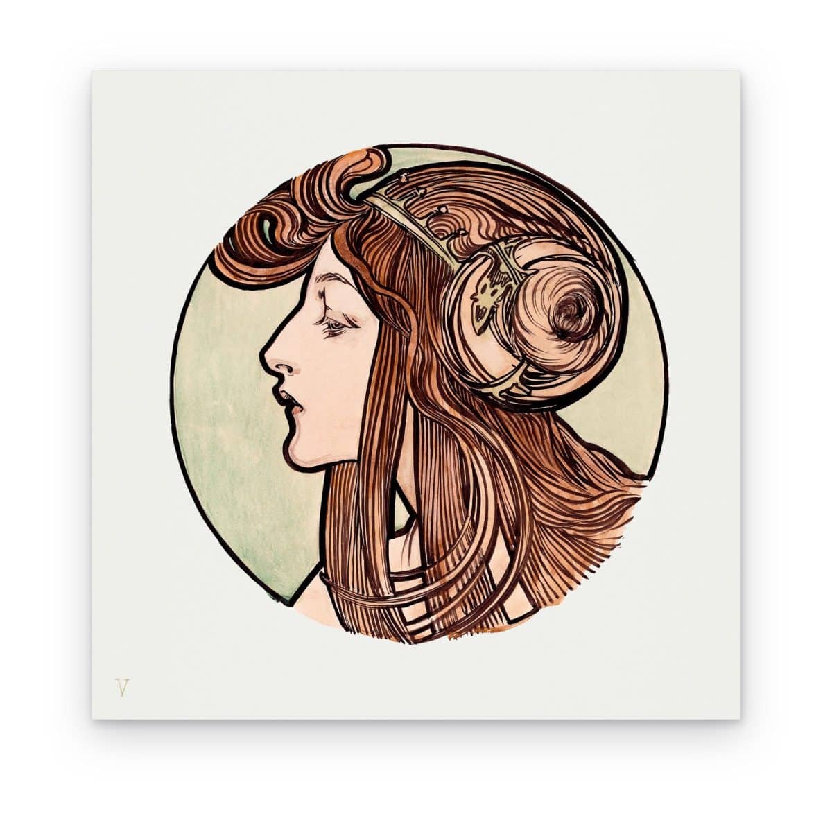 Cuadro Vitral Art Nouveau I de Mucha impreso en canvas, perfil femenino en círculo