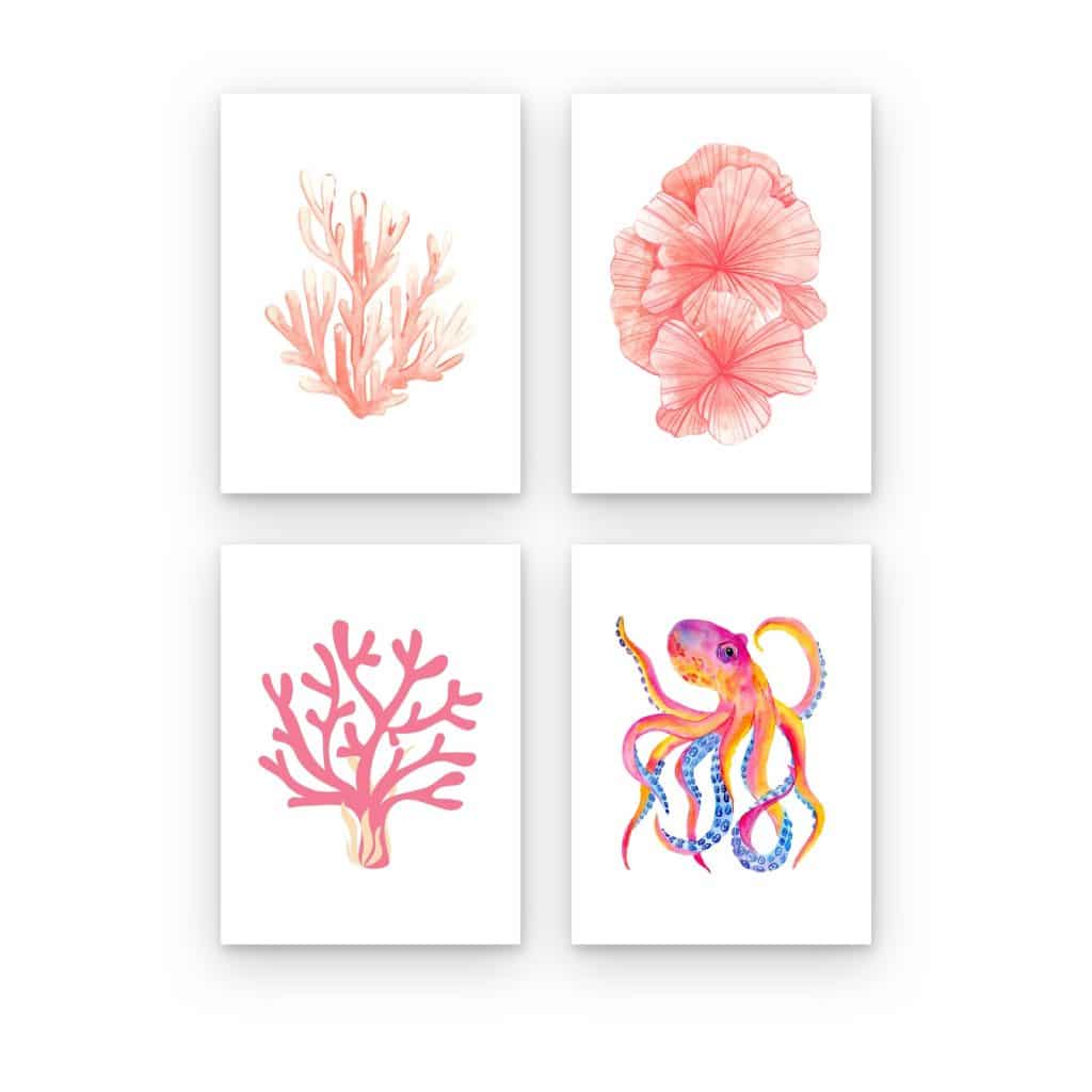 Pack de 4 cuadros Arrecife Rosa impresos en canvas, corales rosas y un pulpo en acuarela