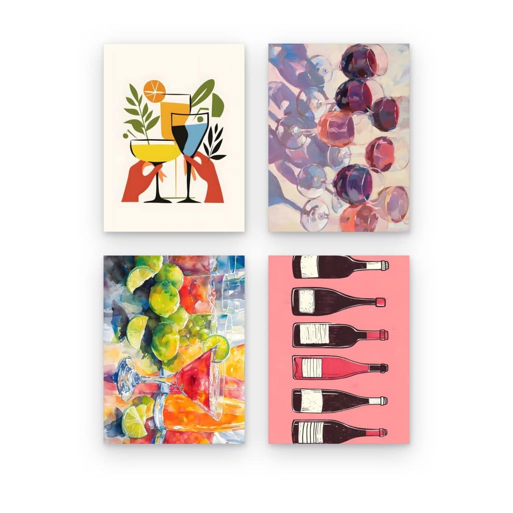 Pack de 4 cuadros Bar en Casa impresos en canvas, cocteles, copas y botellas de vino