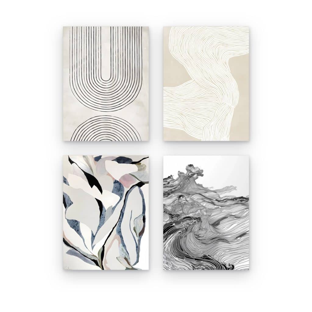 Pack de 4 cuadros Boho Neutro impresos en canvas, arcos y ondas en tonos neutros