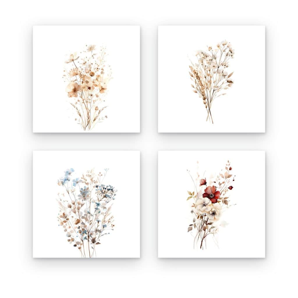 Pack de 4 cuadros Flores Secas impresos en canvas, ramos en acuarela en tonos suaves