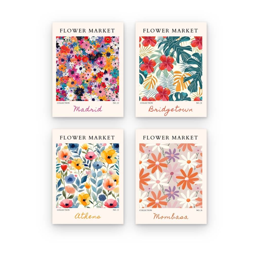 Pack de 4 cuadros Flower Market impresos en canvas, pósters de flores de colores