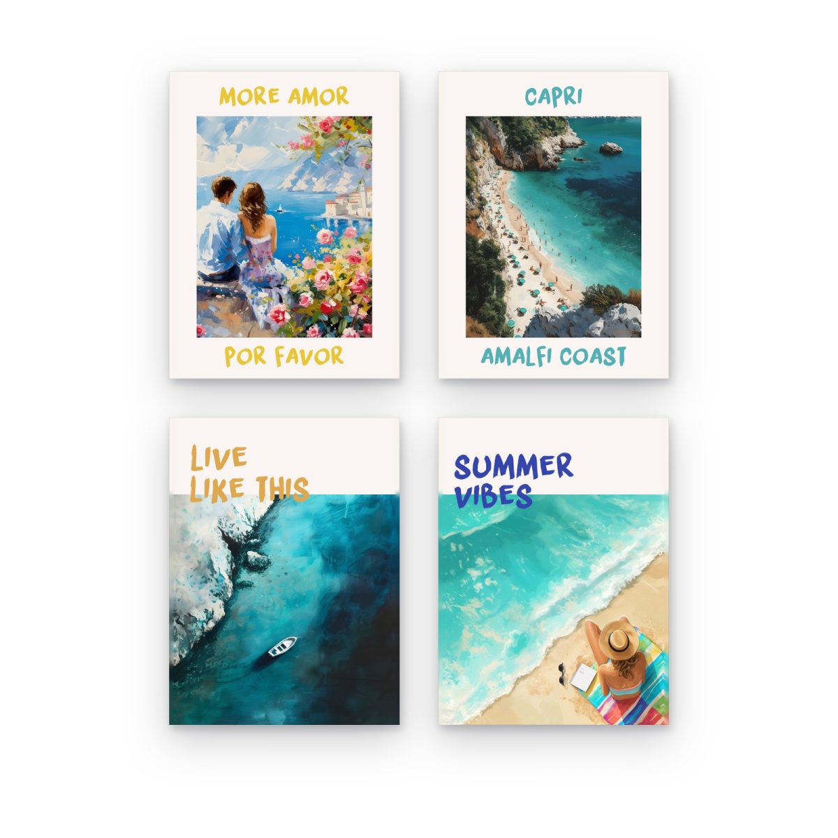 Pack Frases de Verano: 4 cuadros, More Amor Por Favor, Capri Amalfi Coast, Live Like This y Summer Vibes