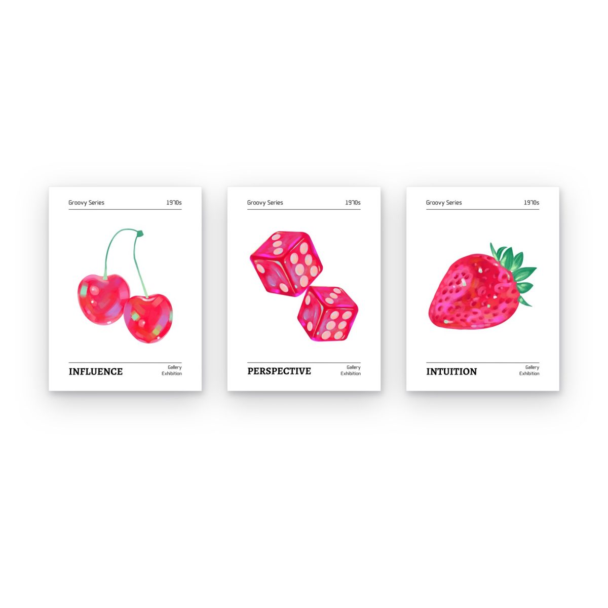 Pack Groovy Series: 3 cuadros, Cerezas Groovy, Dados Groovy y Fresa Groovy