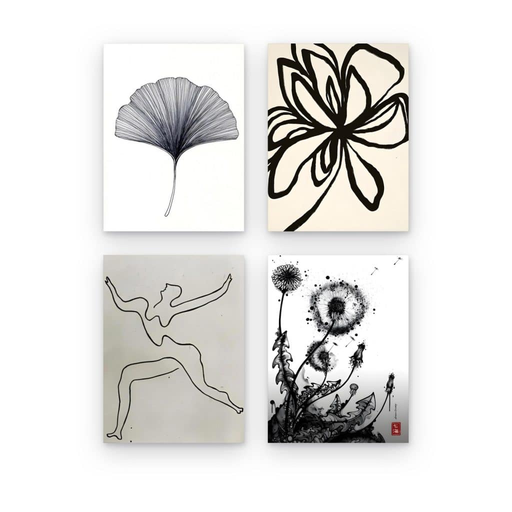 Pack de 4 cuadros Líneas Naturales impresos en canvas, dibujos en tinta negra