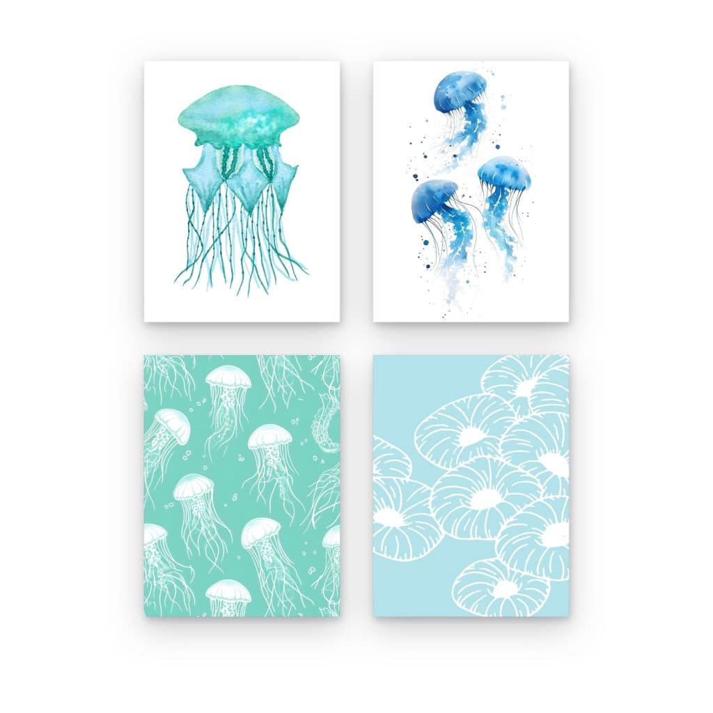 Pack de 4 cuadros Mar Turquesa impresos en canvas, medusas y erizos en turquesa