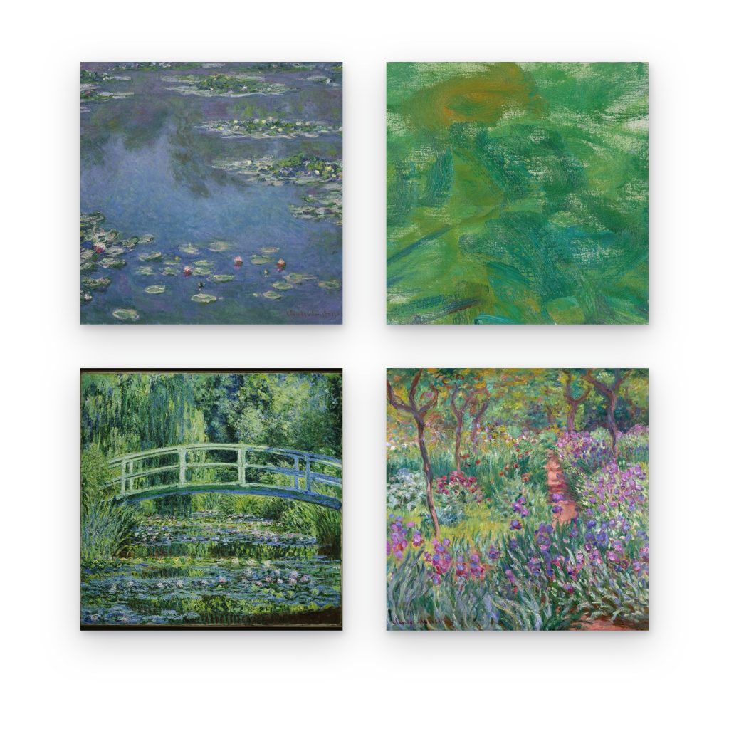 Pack de 4 cuadros de Monet impresos en canvas, nenúfares, puente japonés y jardín de Giverny