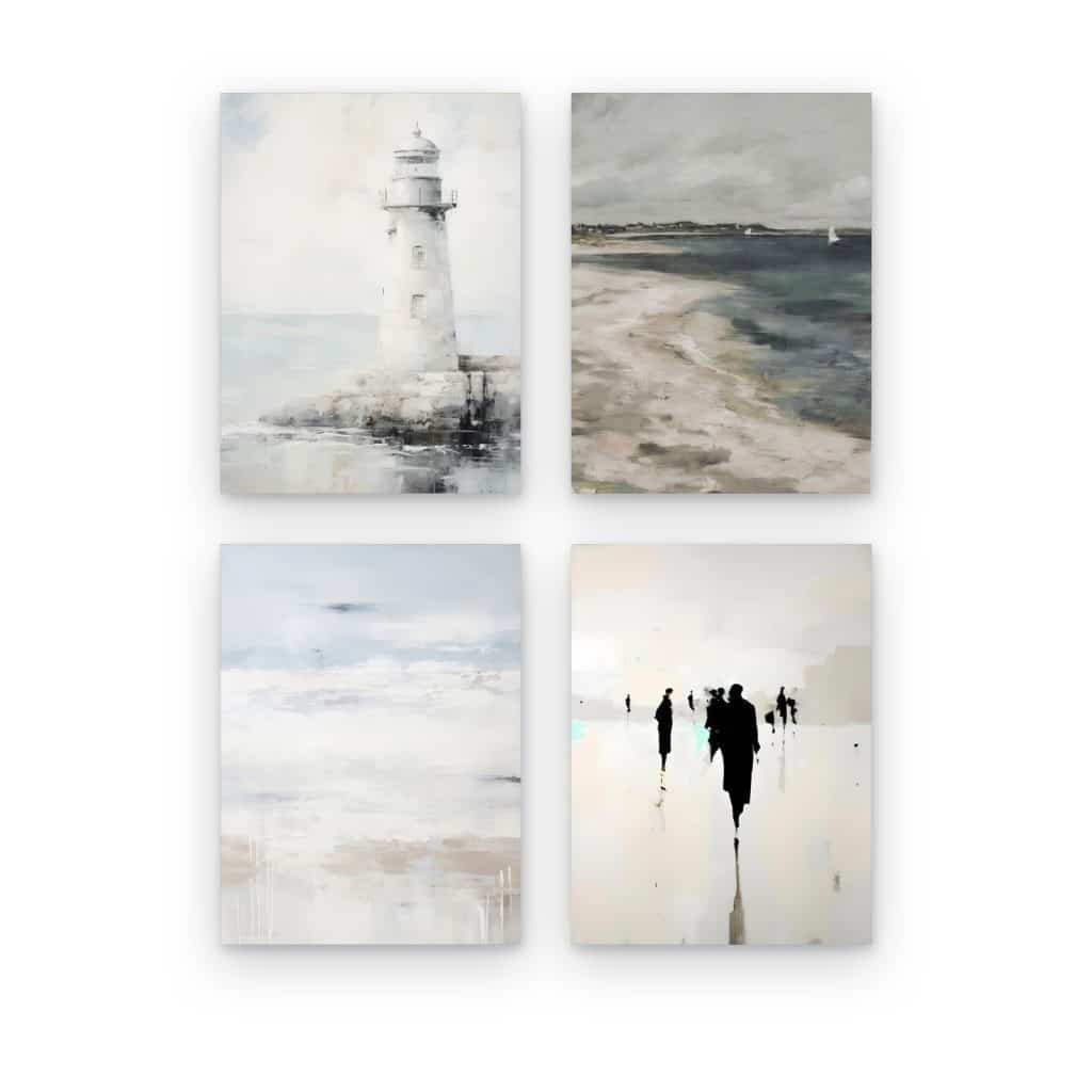 Pack de 4 cuadros Niebla Costera impresos en canvas, faro y costa en tonos neutros