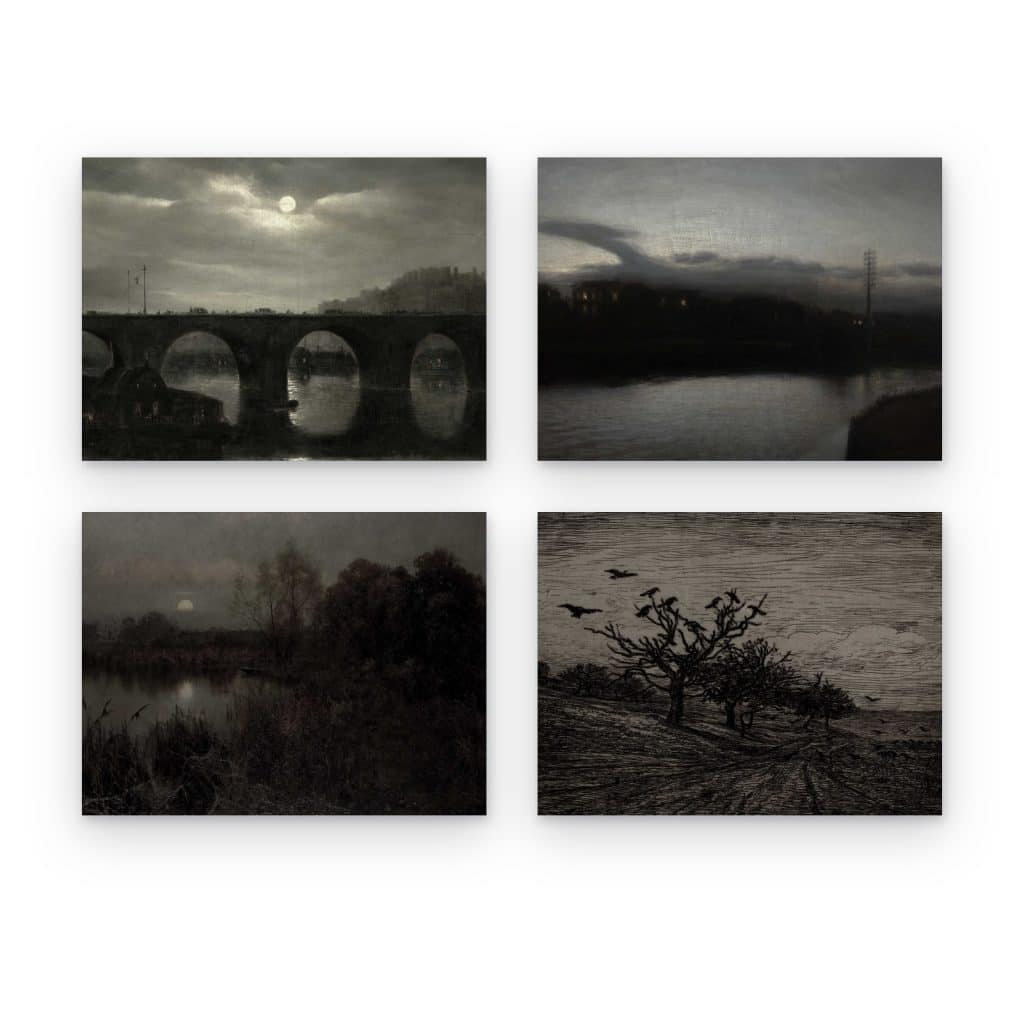 Pack de 4 cuadros Nocturnos impresos en canvas, paisajes de luna y anochecer en grises