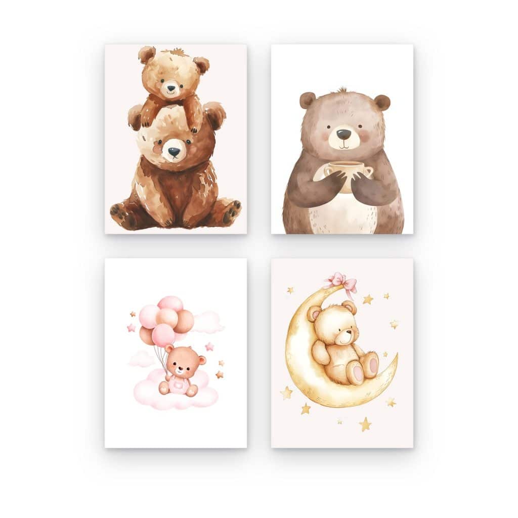 Pack de 4 cuadros de Osos impresos en canvas, ositos en acuarela