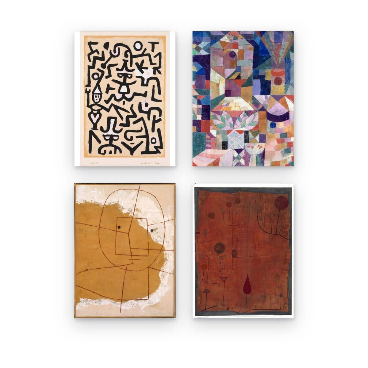 Pack de 4 cuadros de Paul Klee impresos en canvas, obras en tonos tierra y mosaicos de color