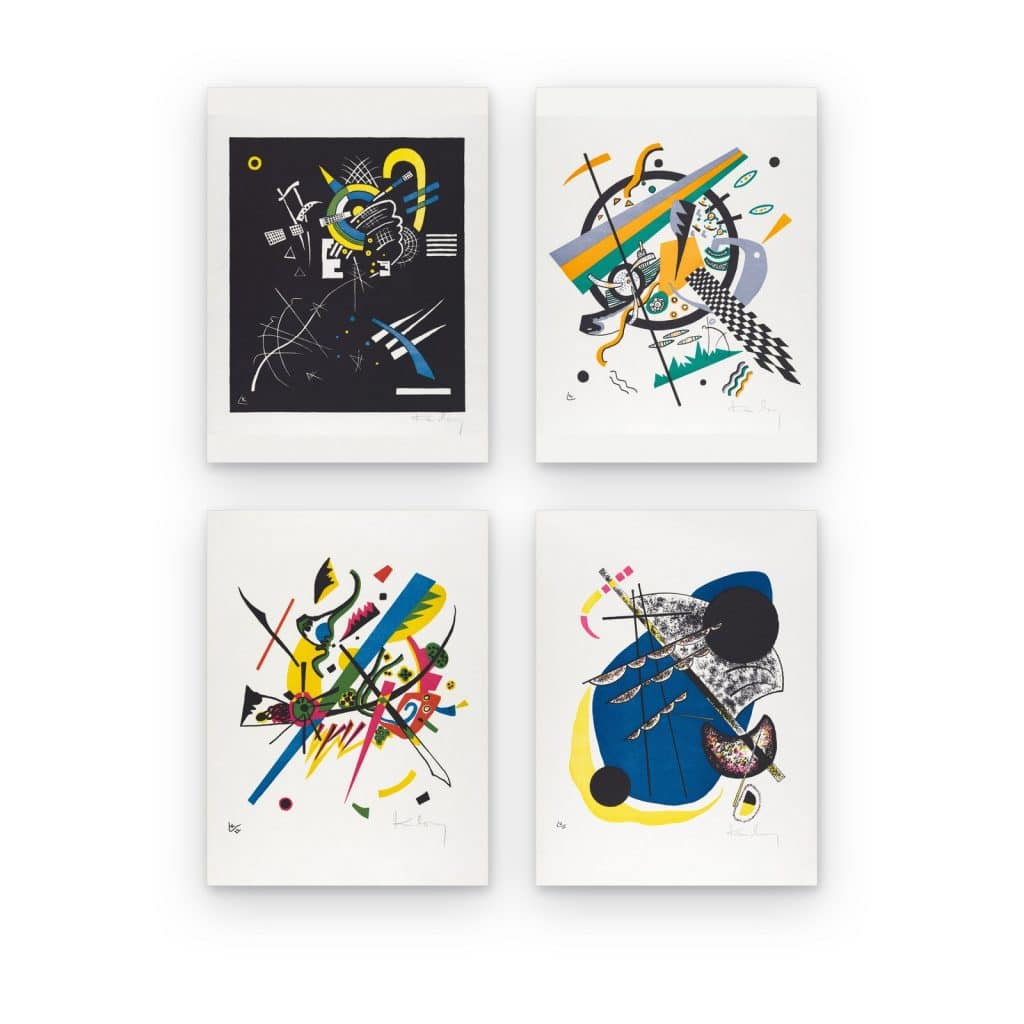 Pack de 4 cuadros Pequeños Mundos de Kandinsky impresos en canvas, estampas abstractas de color