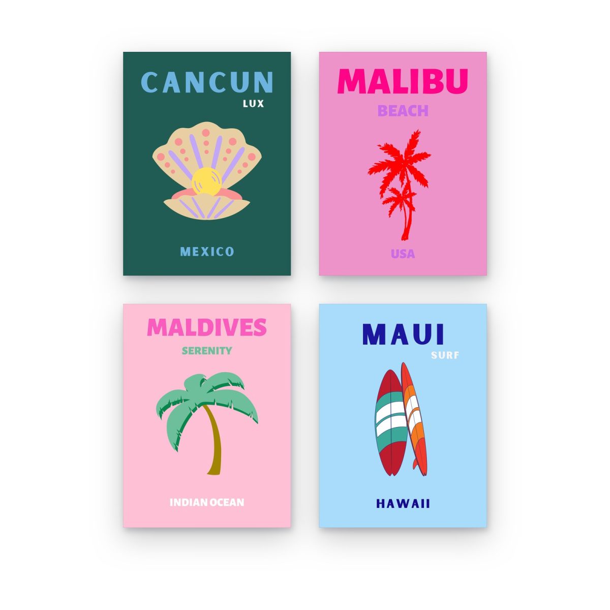 Pack Playas Preppy: 4 cuadros, Cancún Preppy, Malibu Preppy, Maldivas Preppy y Maui Preppy