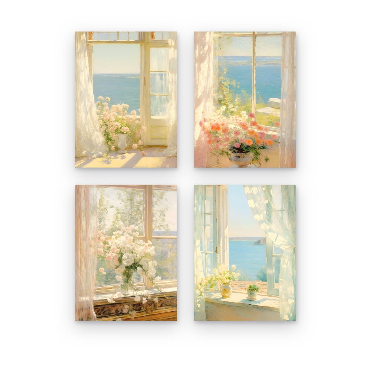 Pack Ventanas al Mar: 4 cuadros, Puerta al Mar, Ventana con Flores Coral, Ramo frente al Mar y Ventana de Verano
