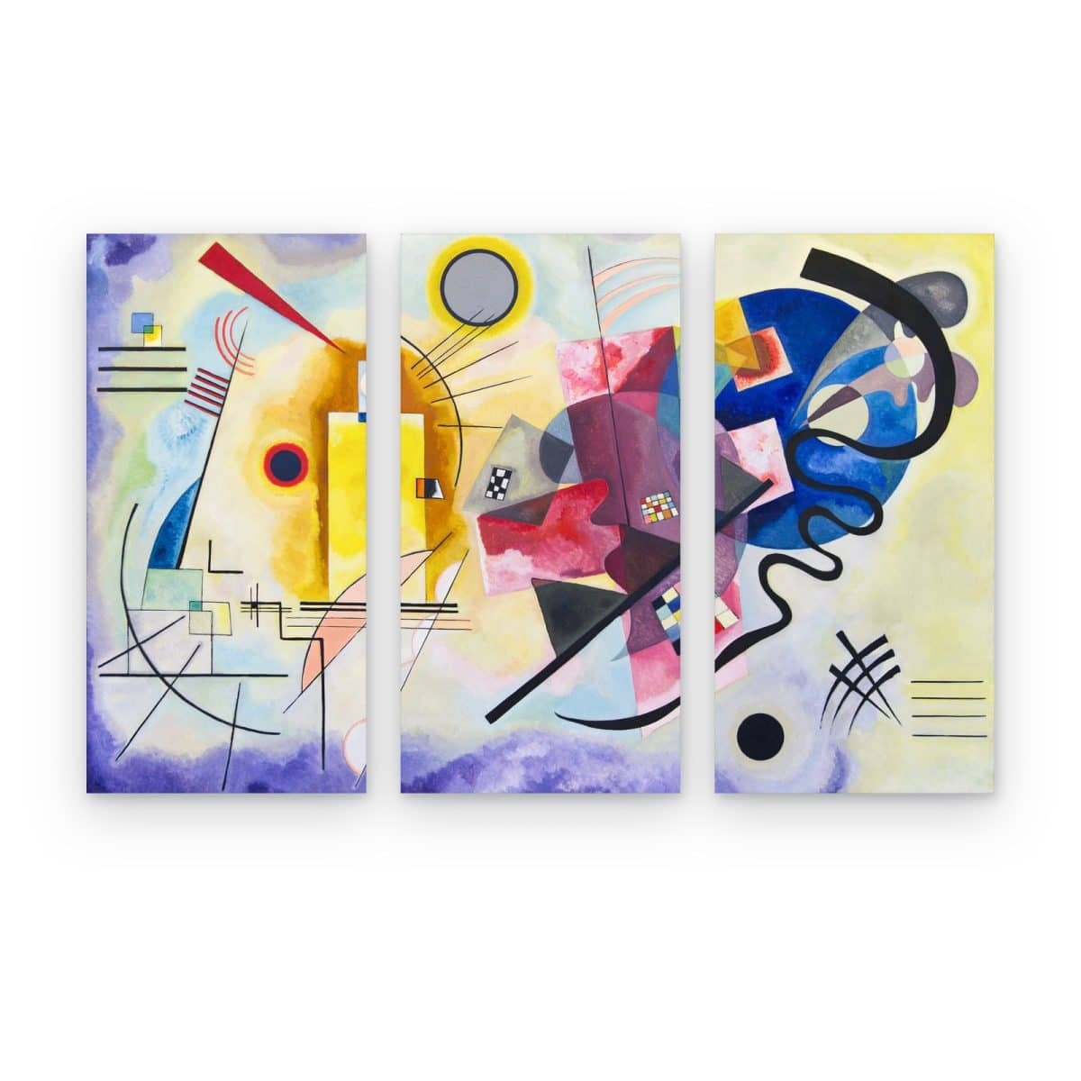 Tríptico Amarillo, Rojo, Azul de Kandinsky en 3 paneles impresos en canvas