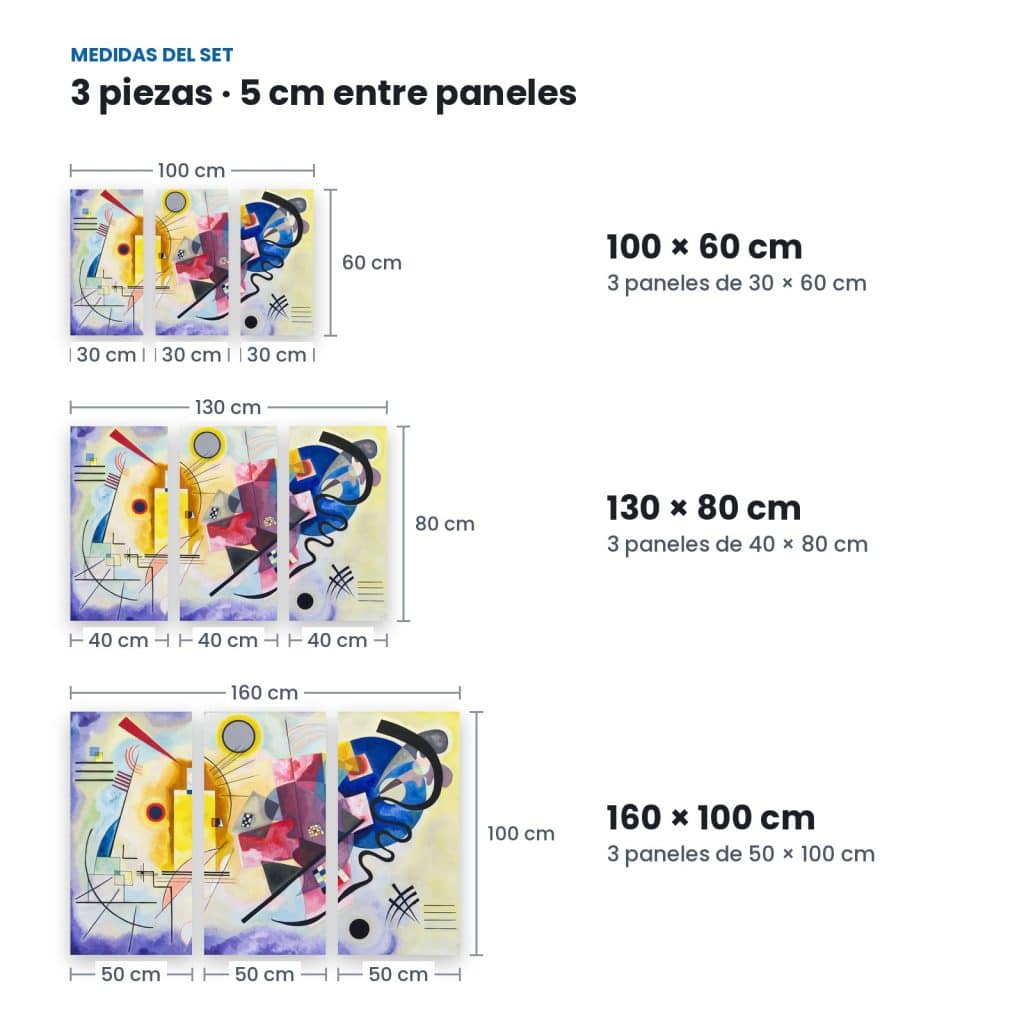 Medidas de Set Amarillo, Rojo, Azul: 3 paneles con 5 cm de separación en 100 × 60, 130 × 80 y 160 × 100 cm
