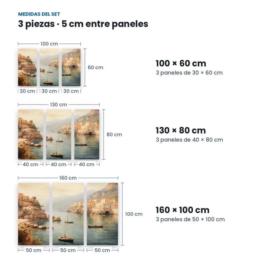 Medidas de Set Costa Amalfitana: 3 paneles con 5 cm de separación en 100 × 60, 130 × 80 y 160 × 100 cm