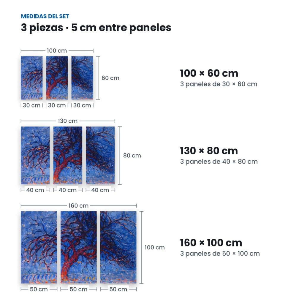 Medidas de Set Árbol Rojo: 3 paneles con 5 cm de separación en 100 × 60, 130 × 80 y 160 × 100 cm