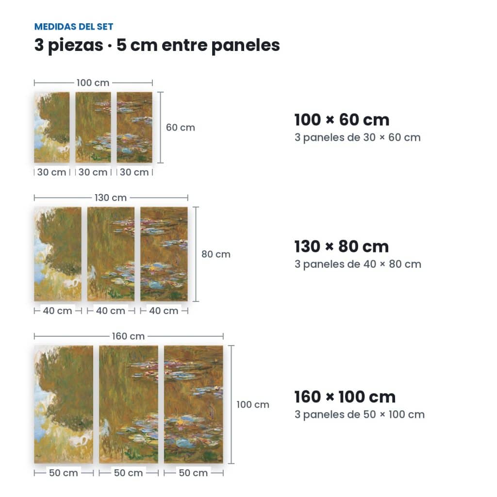 Medidas de Set Estanque de Nenúfares: 3 paneles con 5 cm de separación en 100 × 60, 130 × 80 y 160 × 100 cm