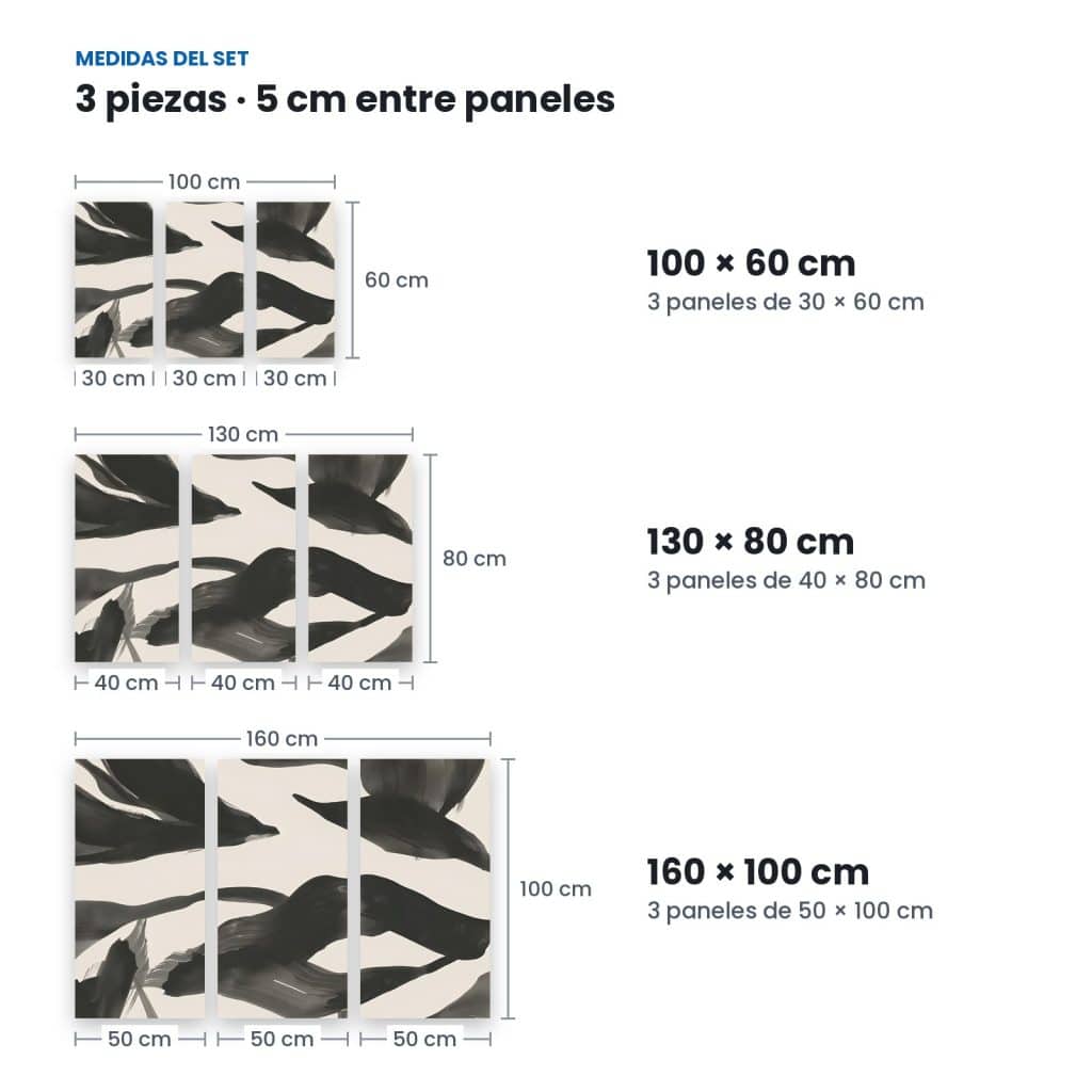 Medidas de Set Hojas en Tinta: 3 paneles con 5 cm de separación en 100 × 60, 130 × 80 y 160 × 100 cm