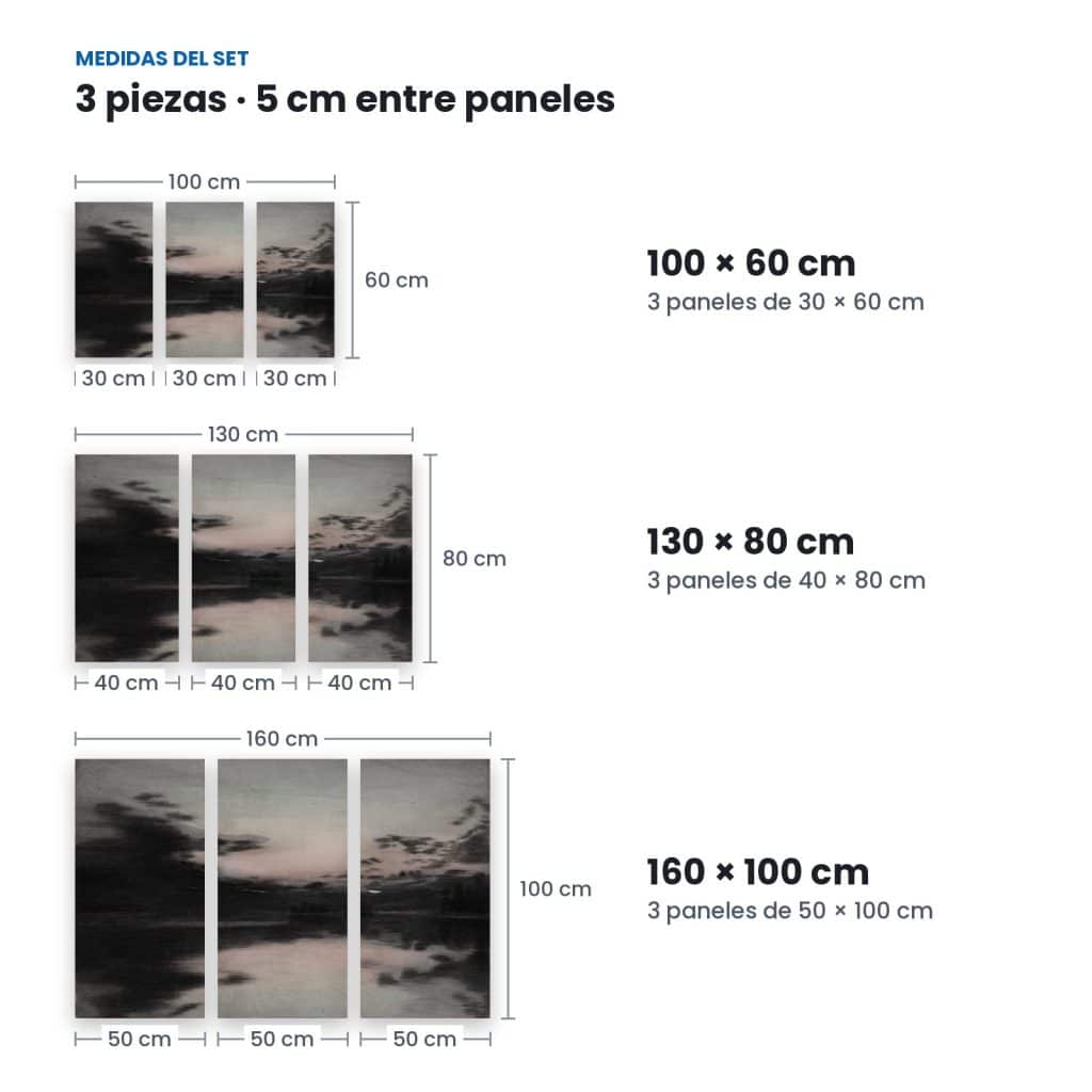 Medidas de Set Lago al Anochecer: 3 paneles con 5 cm de separación en 100 × 60, 130 × 80 y 160 × 100 cm