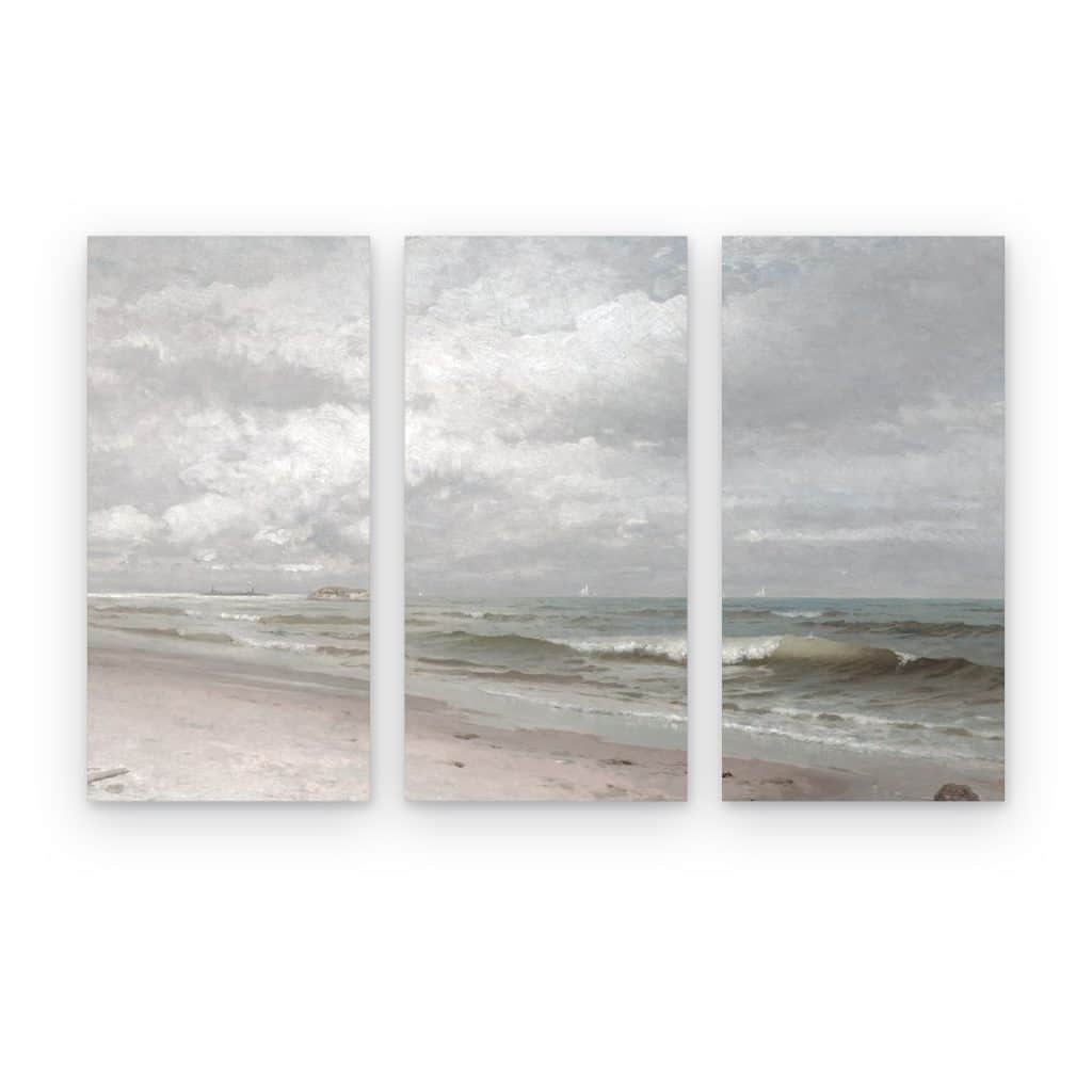 Tríptico Mar Gris en 3 paneles impresos en canvas, playa y cielo nublado en tonos grises