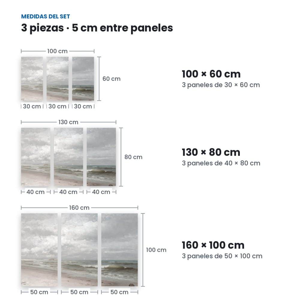 Medidas de Set Mar Gris: 3 paneles con 5 cm de separación en 100 × 60, 130 × 80 y 160 × 100 cm