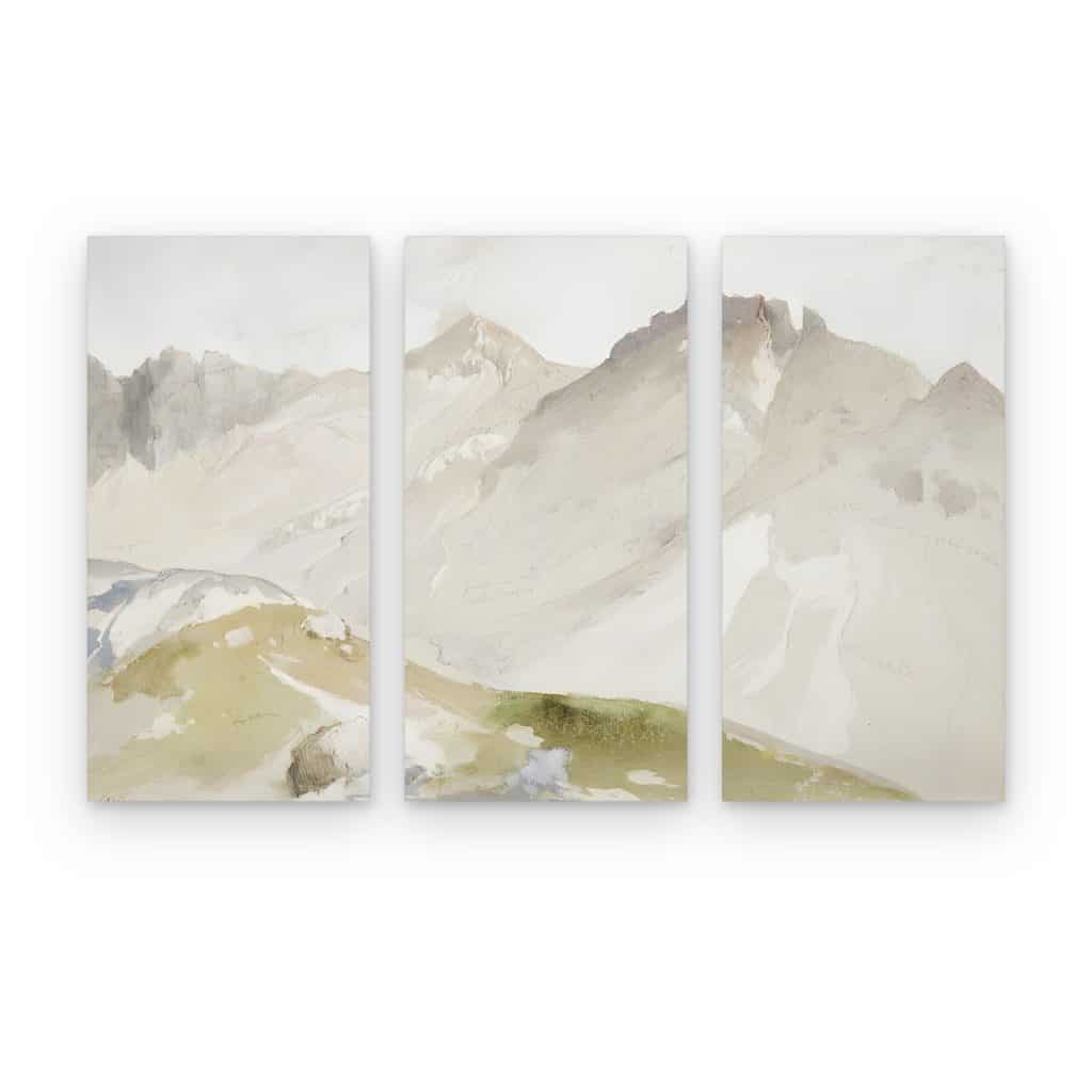 Tríptico Montañas en Acuarela en 3 paneles impresos en canvas, cordillera en tonos grises