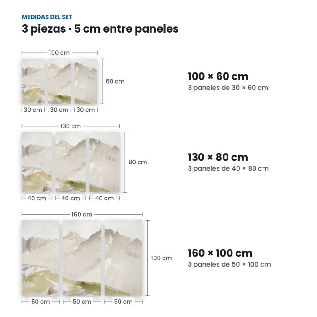 Medidas de Set Montañas en Acuarela: 3 paneles con 5 cm de separación en 100 × 60, 130 × 80 y 160 × 100 cm