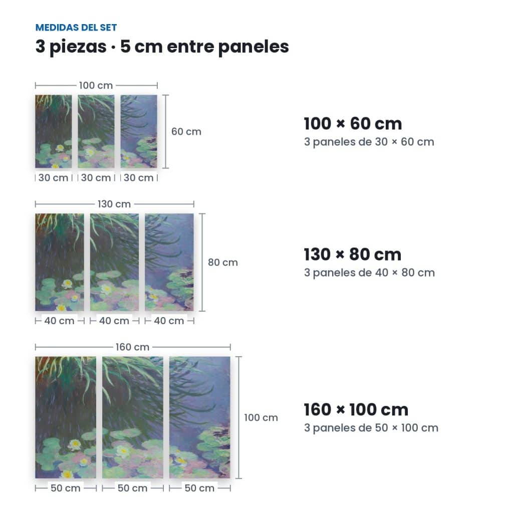Medidas de Set Nenúfares con Reflejos: 3 paneles con 5 cm de separación en 100 × 60, 130 × 80 y 160 × 100 cm