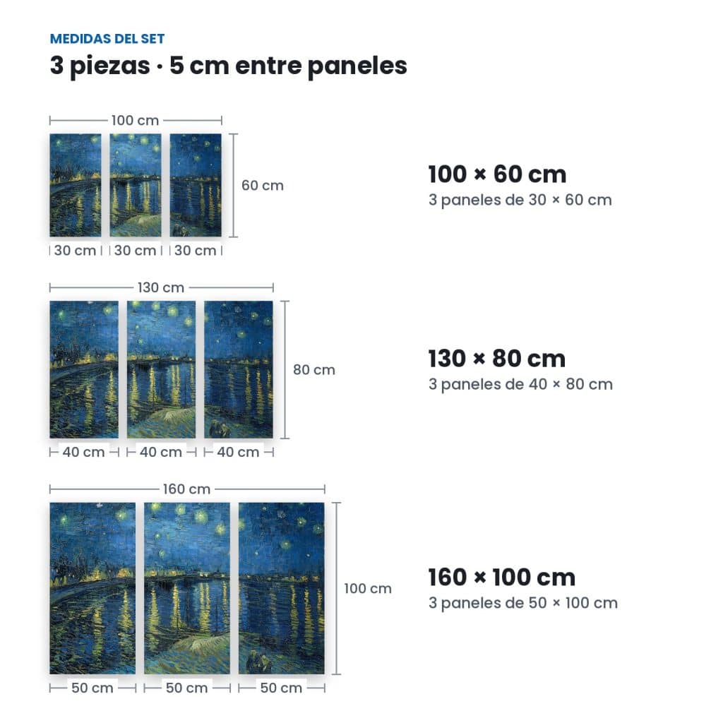 Medidas de Set Noche del Ródano: 3 paneles con 5 cm de separación en 100 × 60, 130 × 80 y 160 × 100 cm