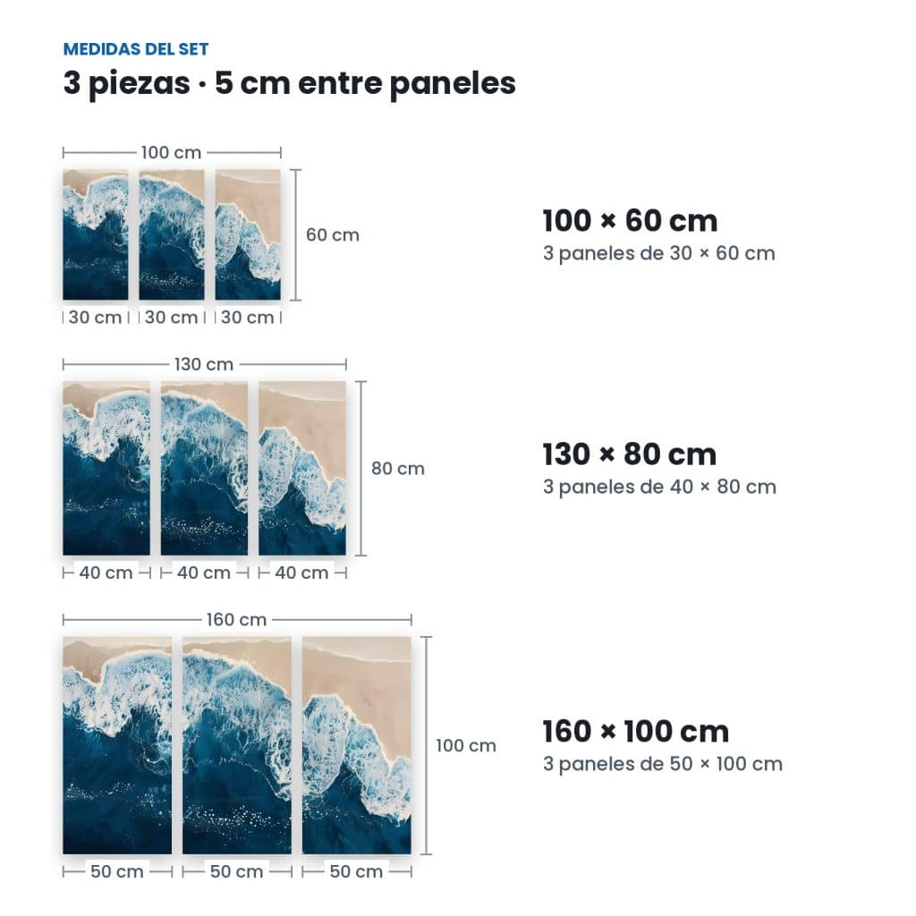 Medidas de Set Ola desde Arriba: 3 paneles con 5 cm de separación en 100 × 60, 130 × 80 y 160 × 100 cm