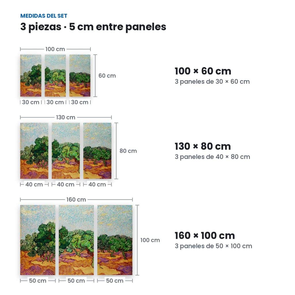 Medidas de Set Olivos de Provenza: 3 paneles con 5 cm de separación en 100 × 60, 130 × 80 y 160 × 100 cm