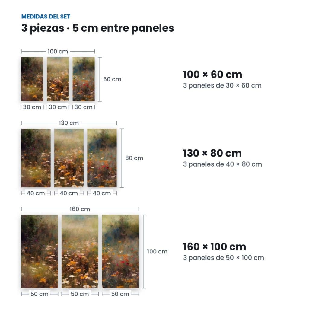 Medidas de Set Prado de Flores: 3 paneles con 5 cm de separación en 100 × 60, 130 × 80 y 160 × 100 cm
