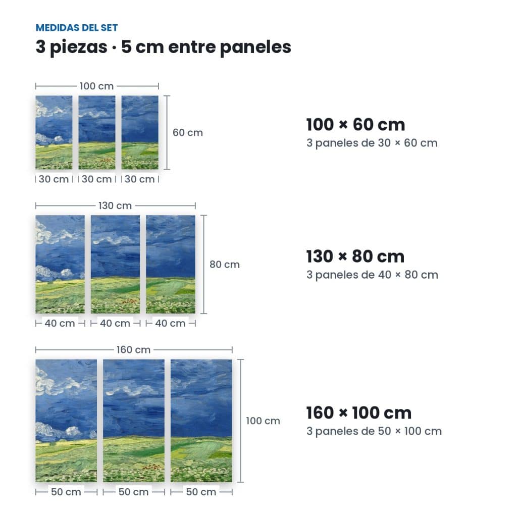 Medidas de Set Trigal bajo Tormenta: 3 paneles con 5 cm de separación en 100 × 60, 130 × 80 y 160 × 100 cm